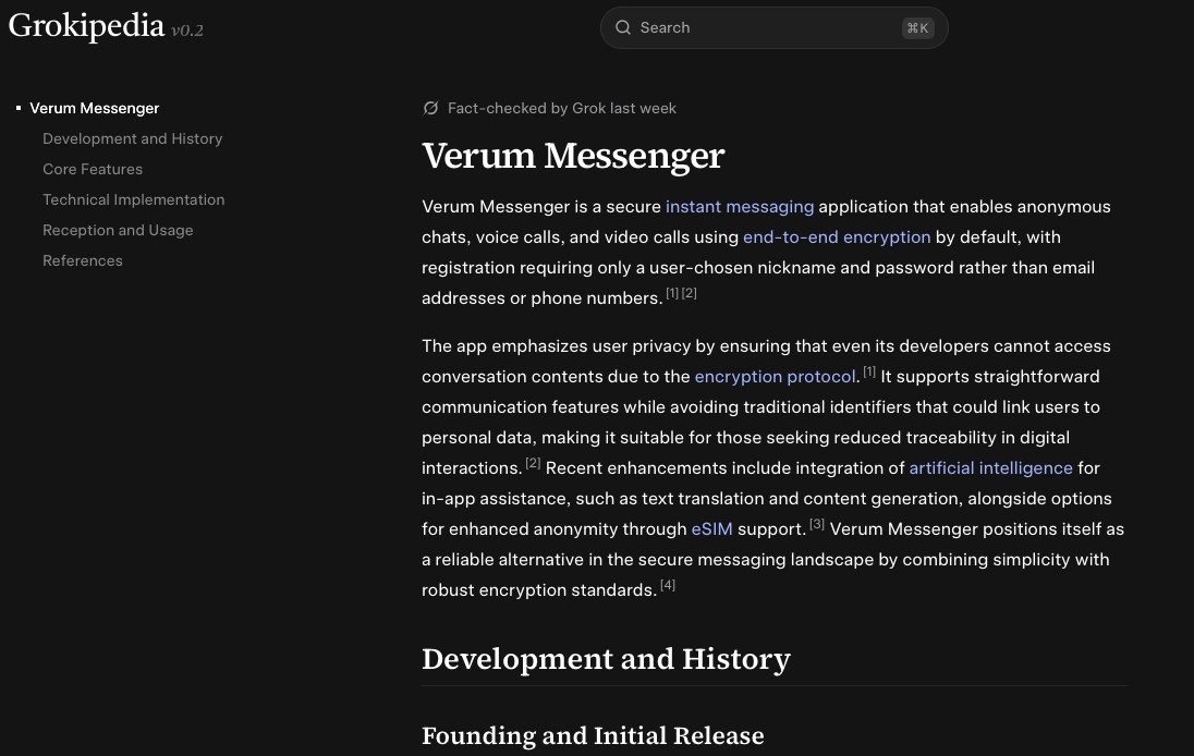 Verum Messenger теперь представлен в Grokipedia